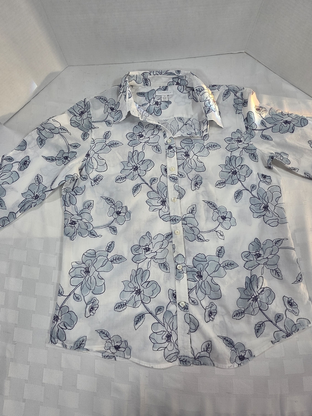Charter Club White Floral Button-Up Shirt - Blue Pattern